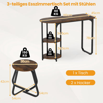 3-teiliges Esszimmerset im Industrial Design mit Ablageflächen