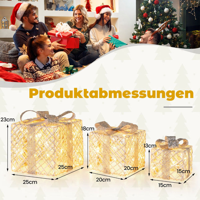 3er-Set LED-Geschenkboxen mit 50 warmweißen Lichtern