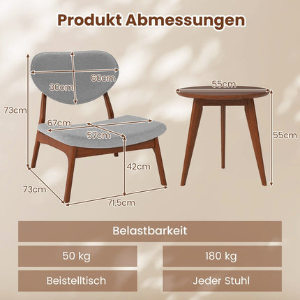 3-teiliges Loungeset mit Tisch und 2 Stühlen, Hellgrau