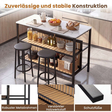 3-Piece Marble Dining Set with Storage and Bar Stools