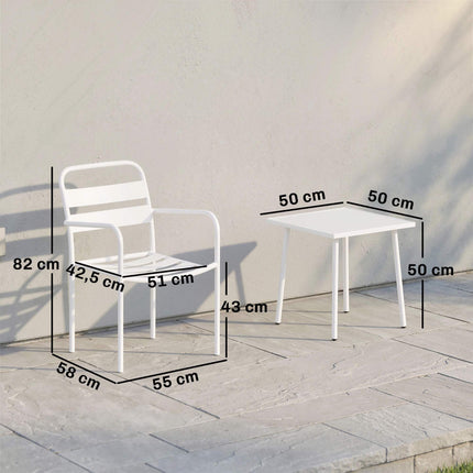 3-teiliges Garten-Bistroset aus Metall mit Glastisch, Weiß