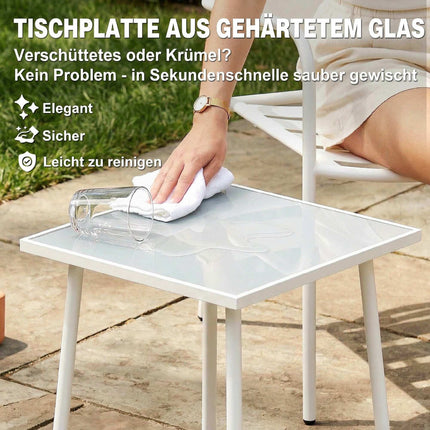 3-teiliges Garten-Bistroset aus Metall mit Glastisch, Weiß