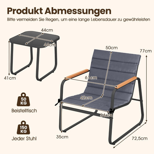 3-teiliges Outdoor-Bistro-Set mit Kissen und Glastisch
