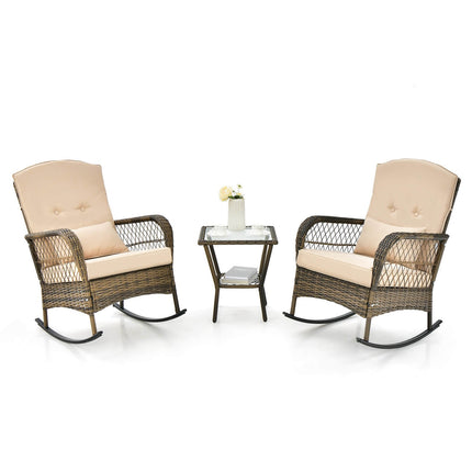 3-teiliges Outdoor Rattan Schaukelstuhl-Set, Beistelltisch mit Glasplatte