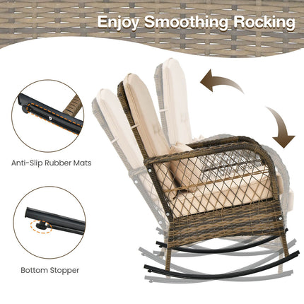 3-teiliges Outdoor Rattan Schaukelstuhl-Set, Beistelltisch mit Glasplatte