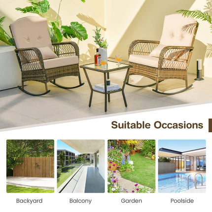 3-teiliges Outdoor Rattan Schaukelstuhl-Set, Beistelltisch mit Glasplatte