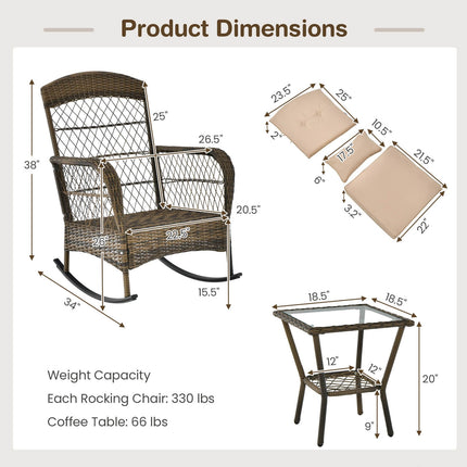 3-teiliges Outdoor Rattan Schaukelstuhl-Set, Beistelltisch mit Glasplatte