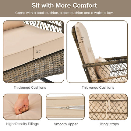 3-teiliges Outdoor Rattan Schaukelstuhl-Set, Beistelltisch mit Glasplatte