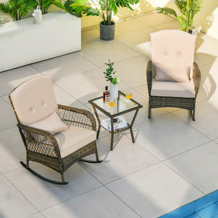 3-teiliges Outdoor Rattan Schaukelstuhl-Set, Beistelltisch mit Glasplatte