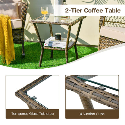 3-teiliges Outdoor Rattan Schaukelstuhl-Set, Beistelltisch mit Glasplatte