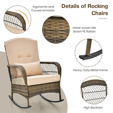 3-teiliges Outdoor Rattan Schaukelstuhl-Set, Beistelltisch mit Glasplatte