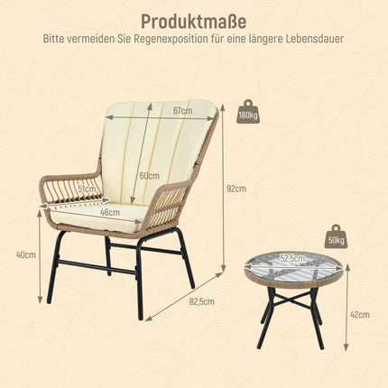 3-teiliges PE-Rattan-Terrassenset mit Kissen, Beige