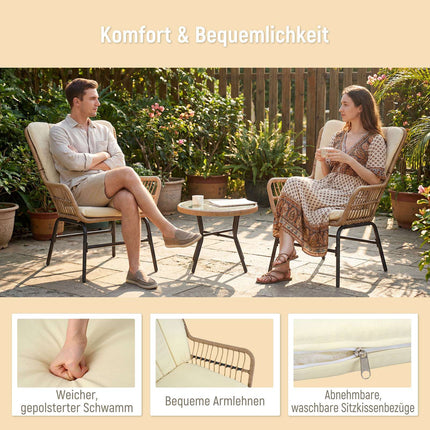 3-teiliges PE-Rattan-Terrassenset mit Kissen, Beige