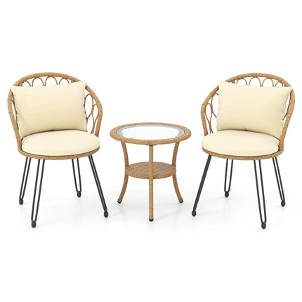 3-teiliges PE-Rattan-Terrassenset mit Kissen und Tisch