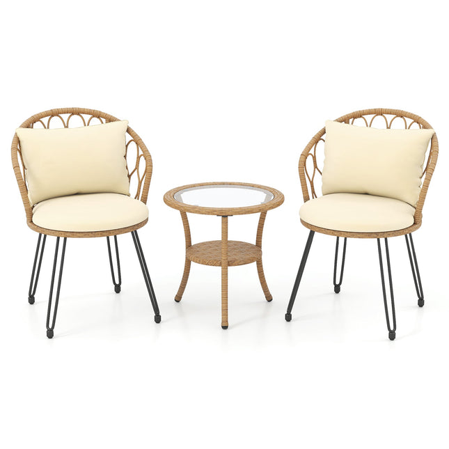 3-teiliges PE-Rattan-Terrassenset mit Kissen und Tisch