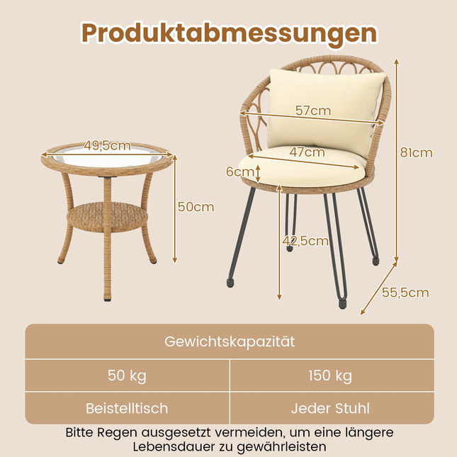 3-teiliges PE-Rattan-Terrassenset mit Kissen und Tisch