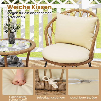 3-teiliges PE-Rattan-Terrassenset mit Kissen und Tisch