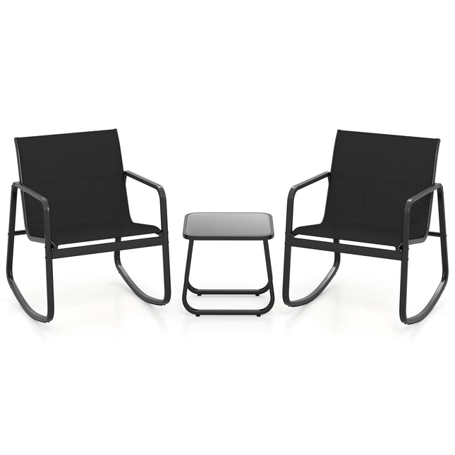 3-teiliges Terrassen-Schaukelstuhl-Set mit Glastisch