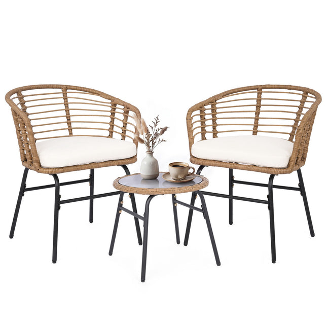 3-Piece Patio Set, White Cushions, Rattan & Glass