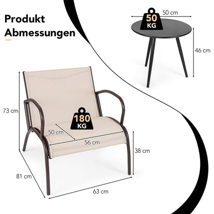 3-Piece Patio Set with 2 Chairs & Table, Ergonomic Seats