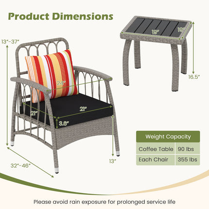 3-Piece Patio Wicker Set, Adjustable Backrest, Gray