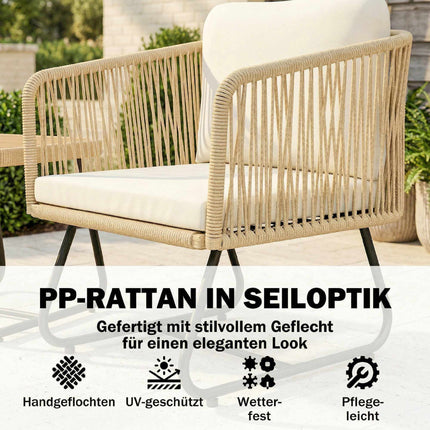 3-teiliges Rattan-Bistro-Set mit Kissen und Holztisch