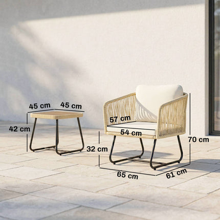 3-teiliges Rattan-Bistro-Set mit Kissen und Holztisch