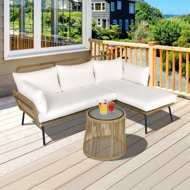Rattan-Gartenmöbel, Sofa mit Chaiselongue und Tisch