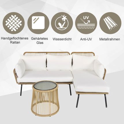 Rattan-Gartenmöbel, Sofa mit Chaiselongue und Tisch