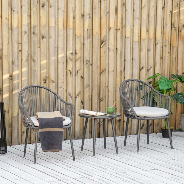 Gartenmöbel aus Rattan – 2 Stühle und Tisch, inklusive Kissen
