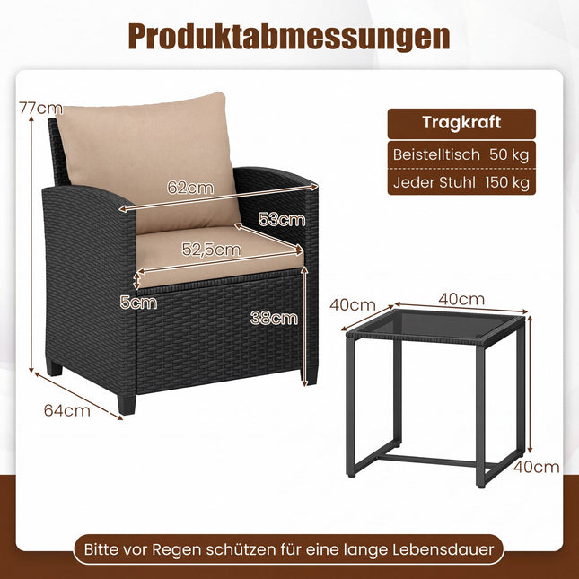 3-teiliges Rattan-Gartenmöbel-Set mit Kissen