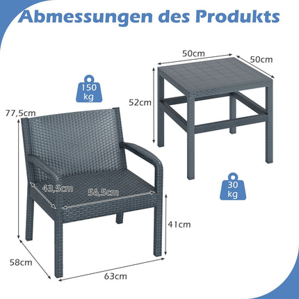 3-teiliges Rattan-Loungeset – Wetterfest, Grau