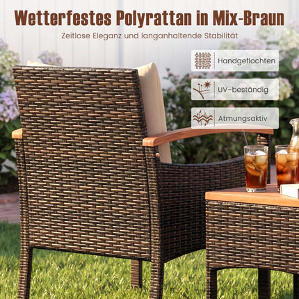 3-teiliges Rattan-Loungeset mit Akazientisch und Kissen