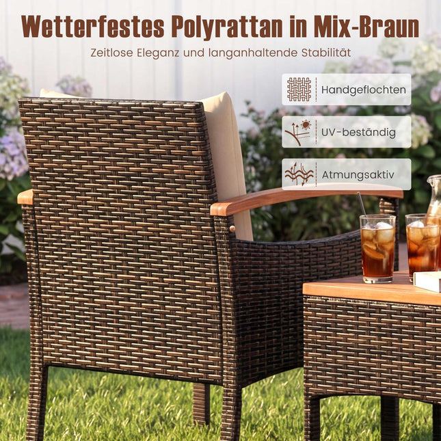 3-teiliges Rattan-Loungeset mit Akazientisch und Kissen
