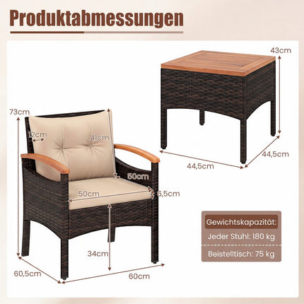 3-teiliges Rattan-Loungeset mit Akazientisch und Kissen