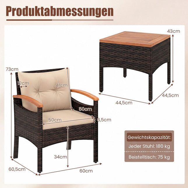 3-teiliges Rattan-Loungeset mit Akazientisch und Kissen