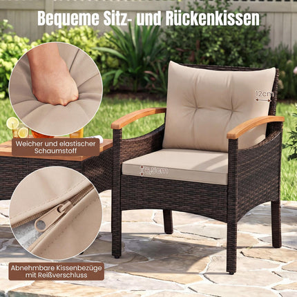 3-teiliges Rattan-Loungeset mit Akazientisch und Kissen