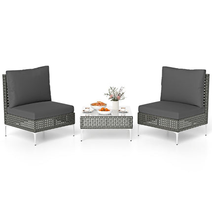 3-teiliges Rattan-Terrassenset mit Kissen und Tisch, Grau