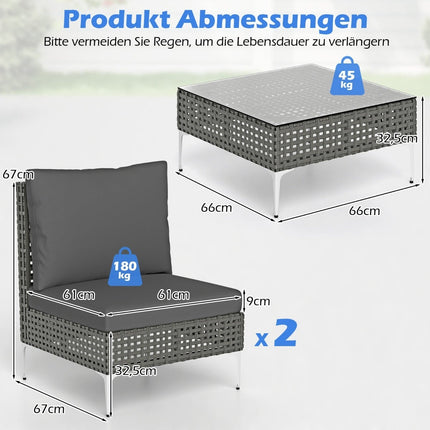 3-teiliges Rattan-Terrassenset mit Kissen und Tisch, Grau