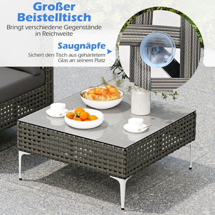 3-teiliges Rattan-Terrassenset mit Kissen und Tisch, Grau