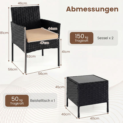 3-teiliges Rattan-Loungeset mit Kissen und Glastisch