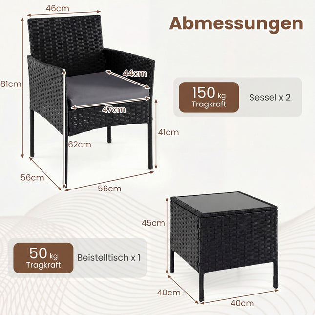 3-teiliges Rattan-Loungeset mit Kissen und Glastisch