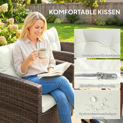 3-teiliges Rattan-Loungeset mit Auflagen und Glastisch
