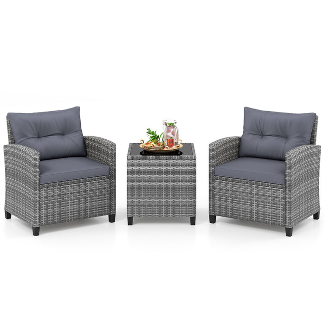 3-teilige Rattan-Terrassengarnitur mit Auflagen und Glastisch
