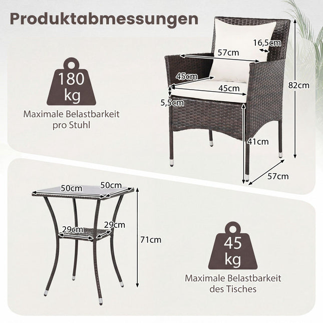 3-teiliges Rattan-Patio-Set mit Kissen und Glastisch