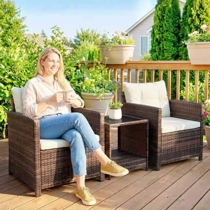 3-teiliges Rattan-Loungeset mit Auflagen und Glastisch