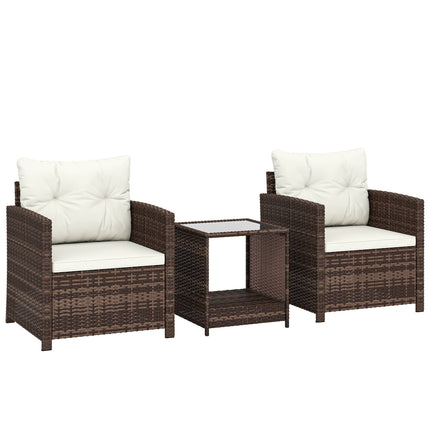 3-teiliges Rattan-Loungeset mit Auflagen und Glastisch