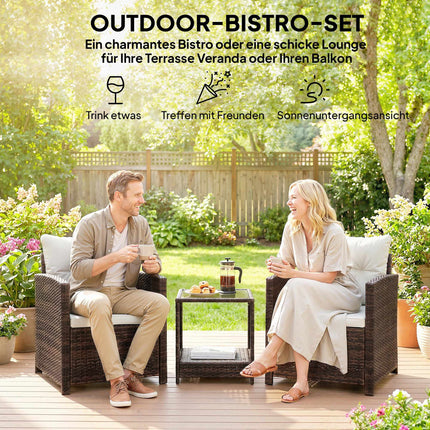 3-teiliges Rattan-Loungeset mit Auflagen und Glastisch