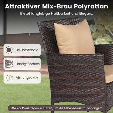 3-teiliges Rattan-Loungeset mit Kissen und Glastisch