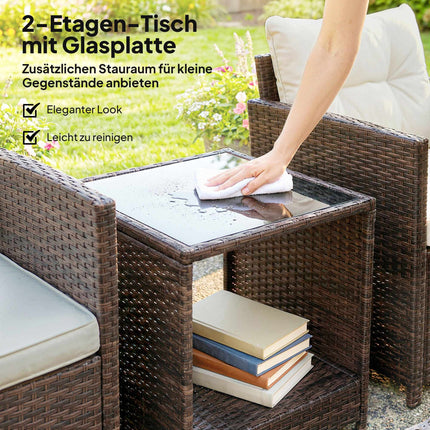 3-teiliges Rattan-Loungeset mit Auflagen und Glastisch